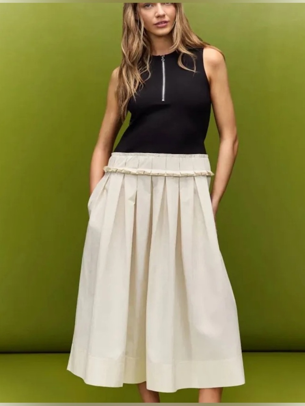 PLAN C Knit And Poplin Two Toned Pleated MIDI Dress Size 0